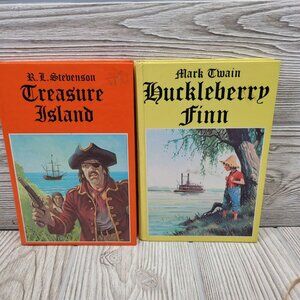 2 Legendary Classics Books Treasure‎ Island and Huckleberry Finn Hardcover Twain
